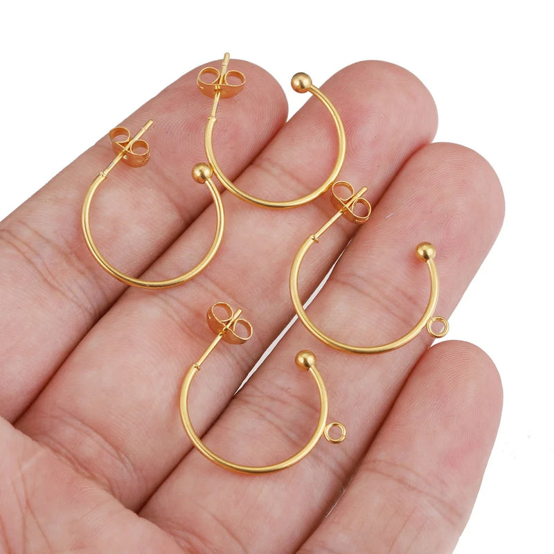 10pcs 18K Gold Plated Stainless Steel 1520/25mm Earring Posts with Loop C Shape Ear Studs Earrings DIY Jewelry Making Supplies