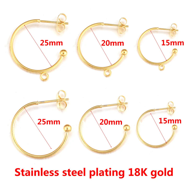 10pcs 18K Gold Plated Stainless Steel 1520/25mm Earring Posts with Loop C Shape Ear Studs Earrings DIY Jewelry Making Supplies