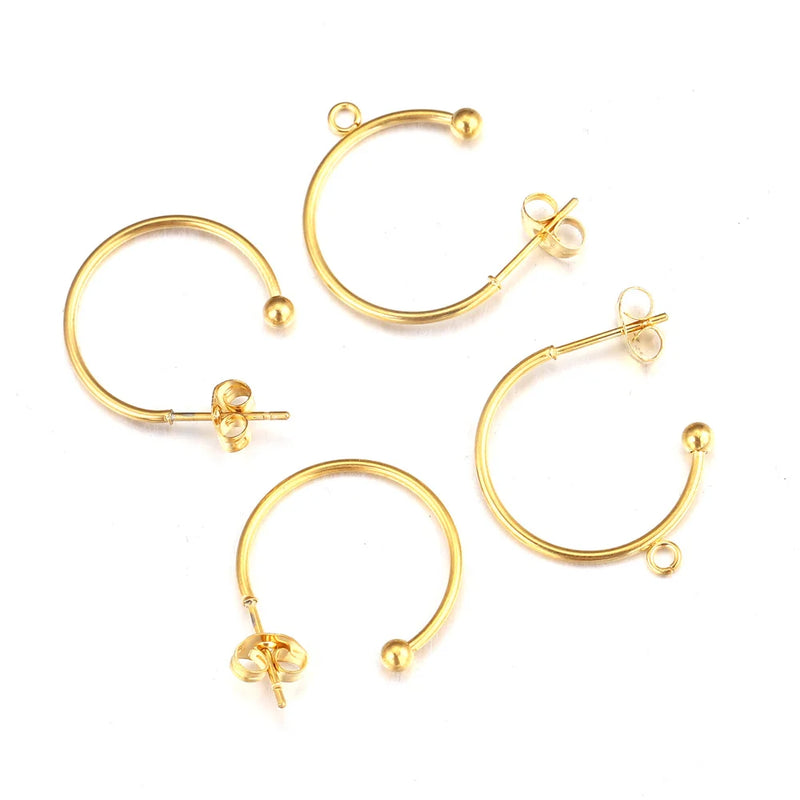 10pcs 18K Gold Plated Stainless Steel 1520/25mm Earring Posts with Loop C Shape Ear Studs Earrings DIY Jewelry Making Supplies