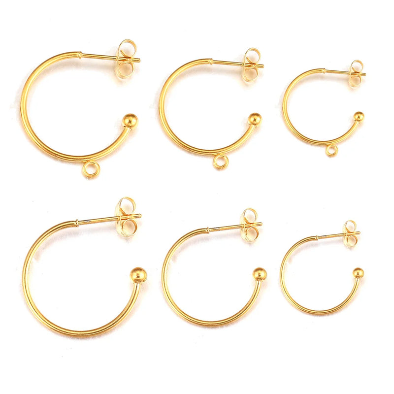 10pcs 18K Gold Plated Stainless Steel 1520/25mm Earring Posts with Loop C Shape Ear Studs Earrings DIY Jewelry Making Supplies